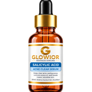 GLOWIOR Salicylic Acid Acne Clear Serum 30ml in an amber glass dropper bottle for oily and acne-prone skin.