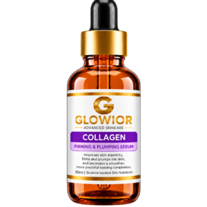 GLOWIOR Collagen Firming & Plumping Serum 30ml in an amber glass dropper bottle with black dropper and gold collar