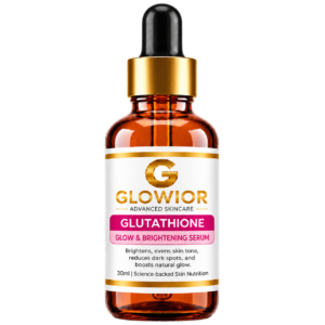 GLOWIOR Glutathione Glow & Brightening Serum 30ml in an amber glass dropper bottle with black dropper and gold collar