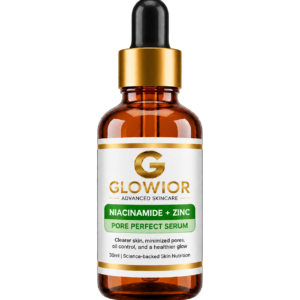 Glowior Niacinamide + Zinc Pore Perfect Serum 30ml bottle with a lightweight formula designed for oil control, pore care, and smoother-looking skin.