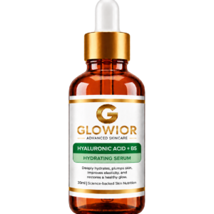 Glowior Hyaluronic Acid + B5 Hydrating Serum 30ml amber bottle designed to provide hydration, moisture support, and smoother-looking skin.