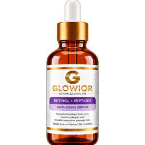 Glowior Retinol + Peptides Anti-Aging Serum 30ml amber bottle designed to support smoother-looking skin, fine line care, and youthful appearance.