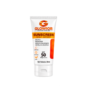 Glowior SPF 50 PA++++ sunscreen with Zinc PCA, Niacinamide, Sodium Hyaluronate, Centella and Licorice for oily to sensitive skin